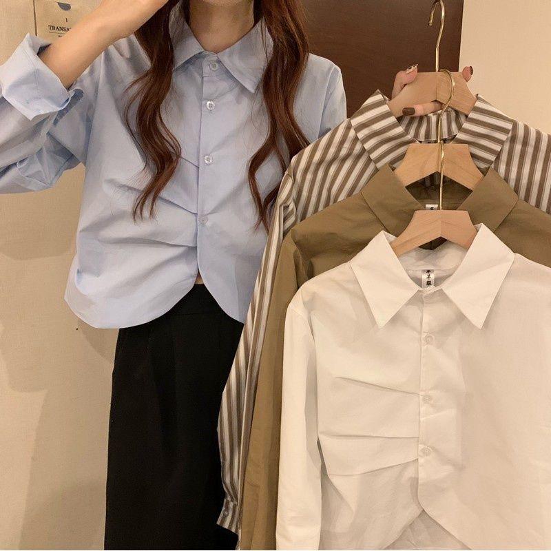 Áo sơ mi nữ dáng ngắn xếp ly ngực