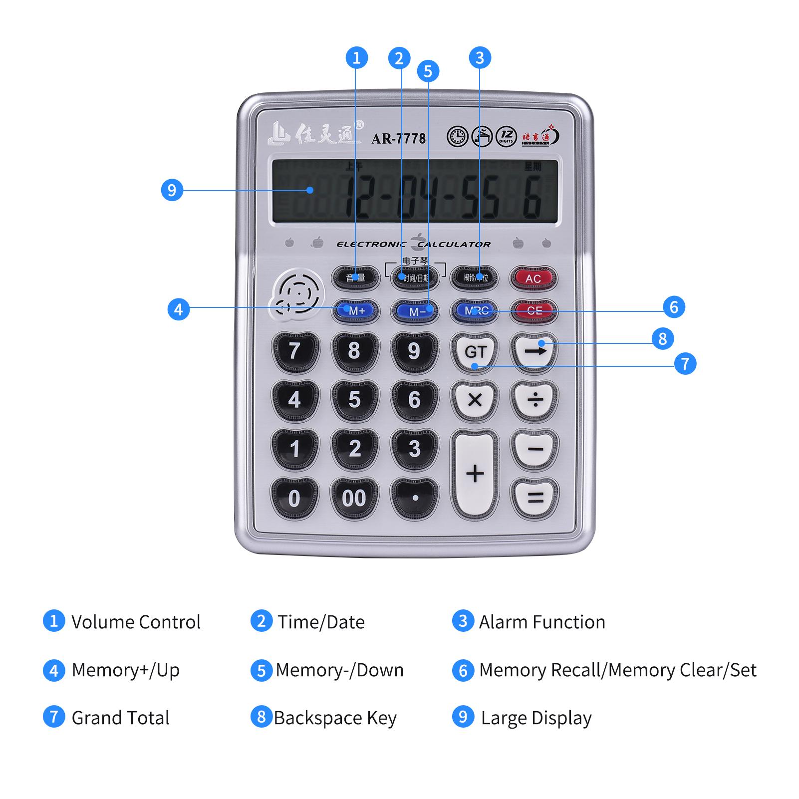 Musical Desktop Calculator 12-Digits LCD Display Electronic Calculator Counter Big Buttons with Music Piano Play Time
