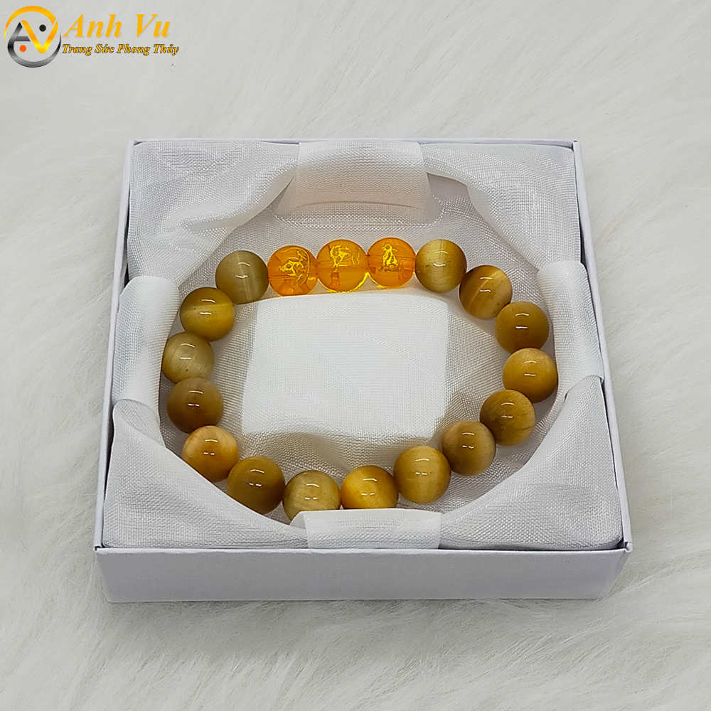 Vòng phong thủy mệnh thổ tam hợp dần ngọ tuất - chất liệu mắt hổ vàng nâu - size 8 10 12ly - có khai quang điểm nhãn may mắn tài lộc - PHONG THỦY ANH VŨ