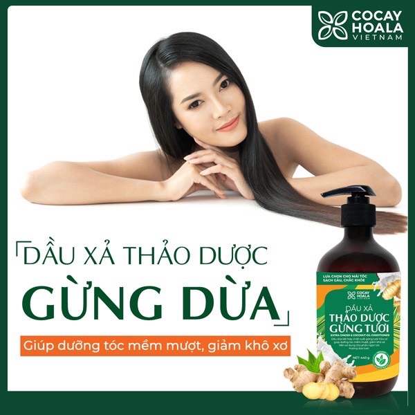 Dầu xả thảo dược gừng dừa Cocayhoala mềm mượt tóc, dưỡng tóc, phục hồi hư tổn dung tích 440g -95%thành phần từ gừng tươi hữu cơ còn nguyên xơ gừng an toàn cho mẹ bầu mẹ sau sinh