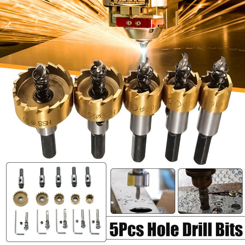 Bộ 5 Mũi Khoan Khoét Lỗ - Mũi Khoét Kim Loại Thép HSS Kích Thước 16mm - 30mm Có Mũi Định Tâm