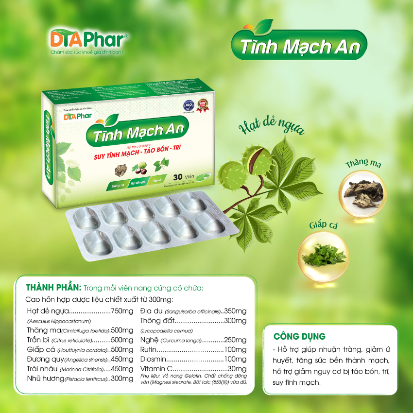 Viên uống Tĩnh Mạch An hỗ trợ nhuận tràng cải thiện suy tĩnh mạch, táo bón, trĩ Hộp 30 viên Tâm An Pharma