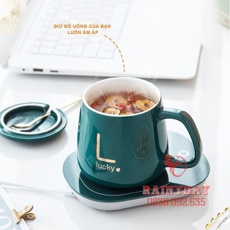 Đế máy hâm nóng đồ uống cà phê sữa cafe trà 55 độ cổng usb thông minh mini kèm cốc sứ thìa hộp