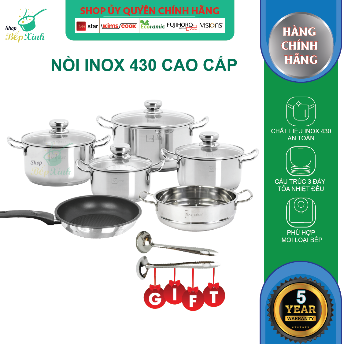 Bộ Nồi Inox Xửng Hấp Và Chảo Chống Dính Fivestar (24cm)