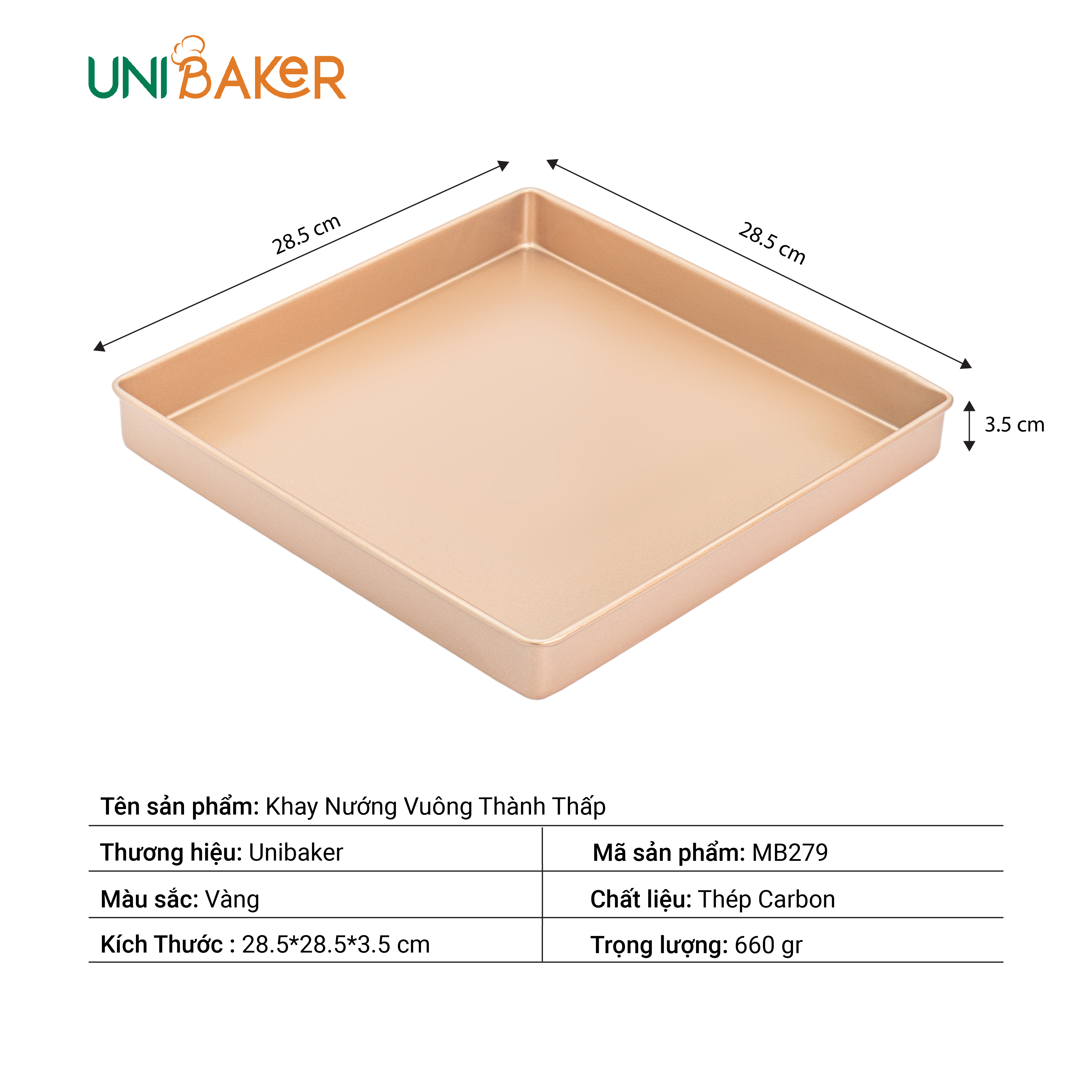 KHAY NƯỚNG VUÔNG THÀNH THẤP UNIBAKER MB279