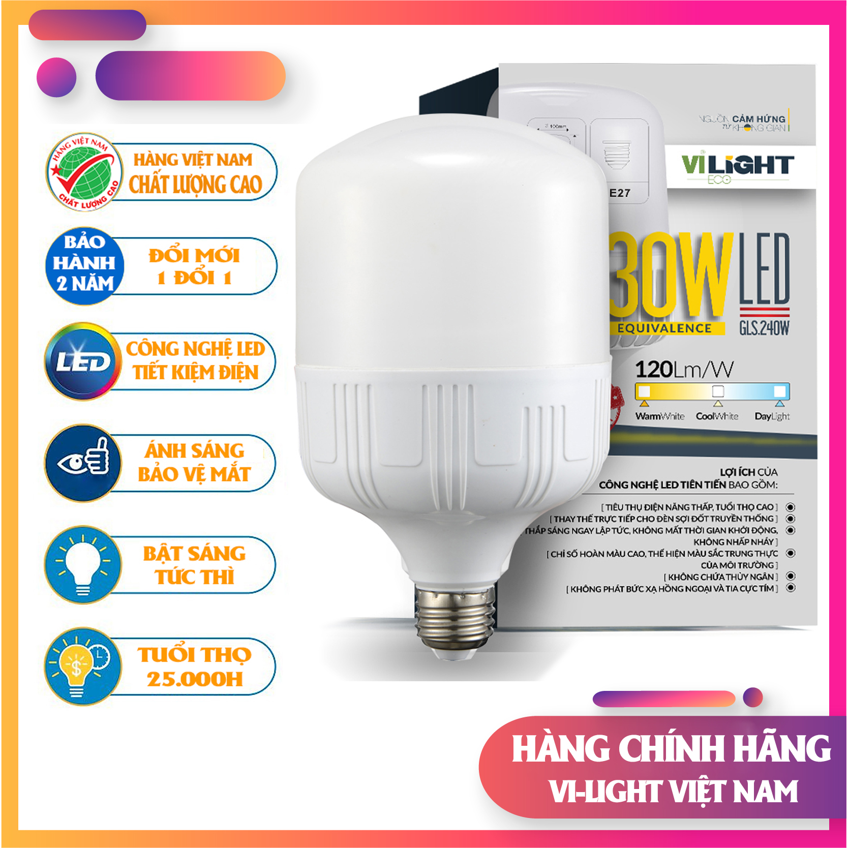 Bóng đèn Led Bulb 30W thân nhựa Vi-Light sáng trắng 6500K