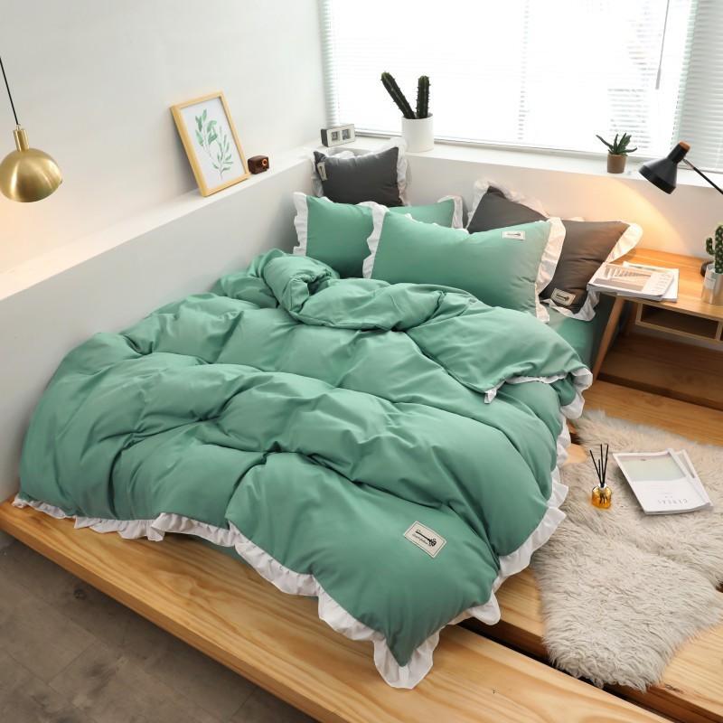 Bộ Chăn Ga Gối Cotton Đũi Viền Bèo - Xanh Mint Viền Trắng