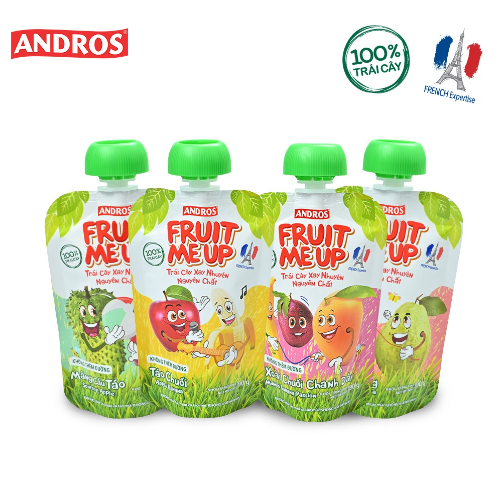 Combo 4 Túi Trái Cây Xay Nhuyễn Hỗn Hợp 4 vị - ANDROS FRUIT ME UP - 90g x 4