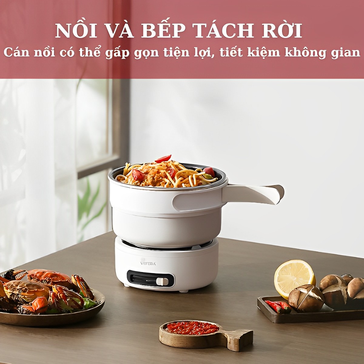 Nồi lẩu điện mini đa năng chống dính cao cấp Homea2z, combo bếp và nồi có tay cầm gấp gọn thông minh, nồi mini du lịch