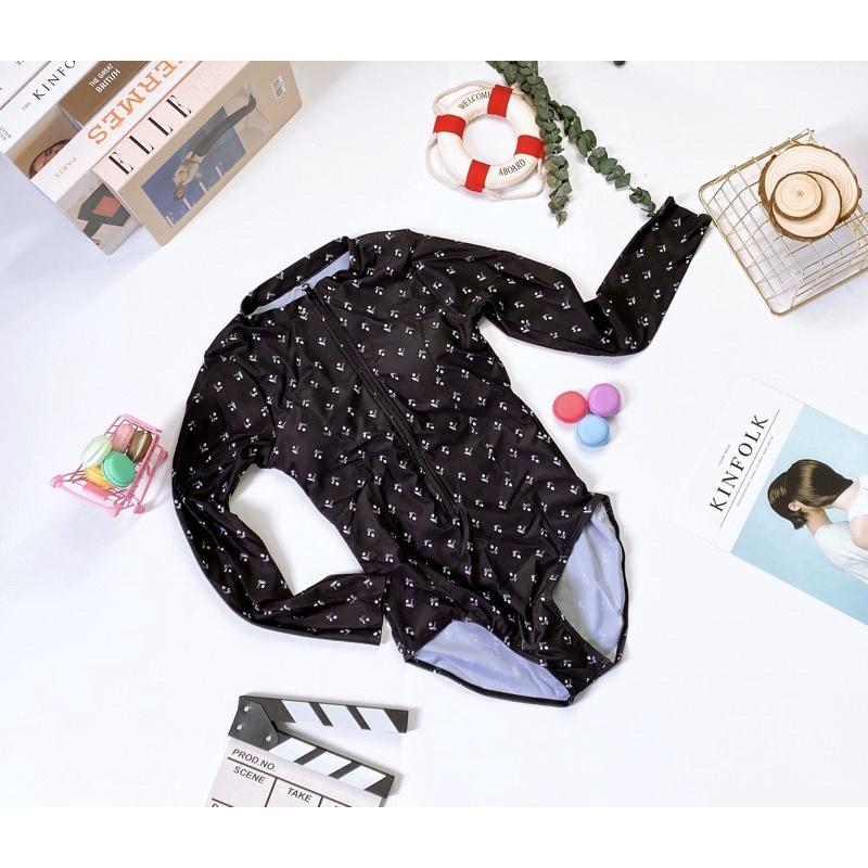 Bikini tay dài màu đen hoạ tiết trắng khoá kéo ngực