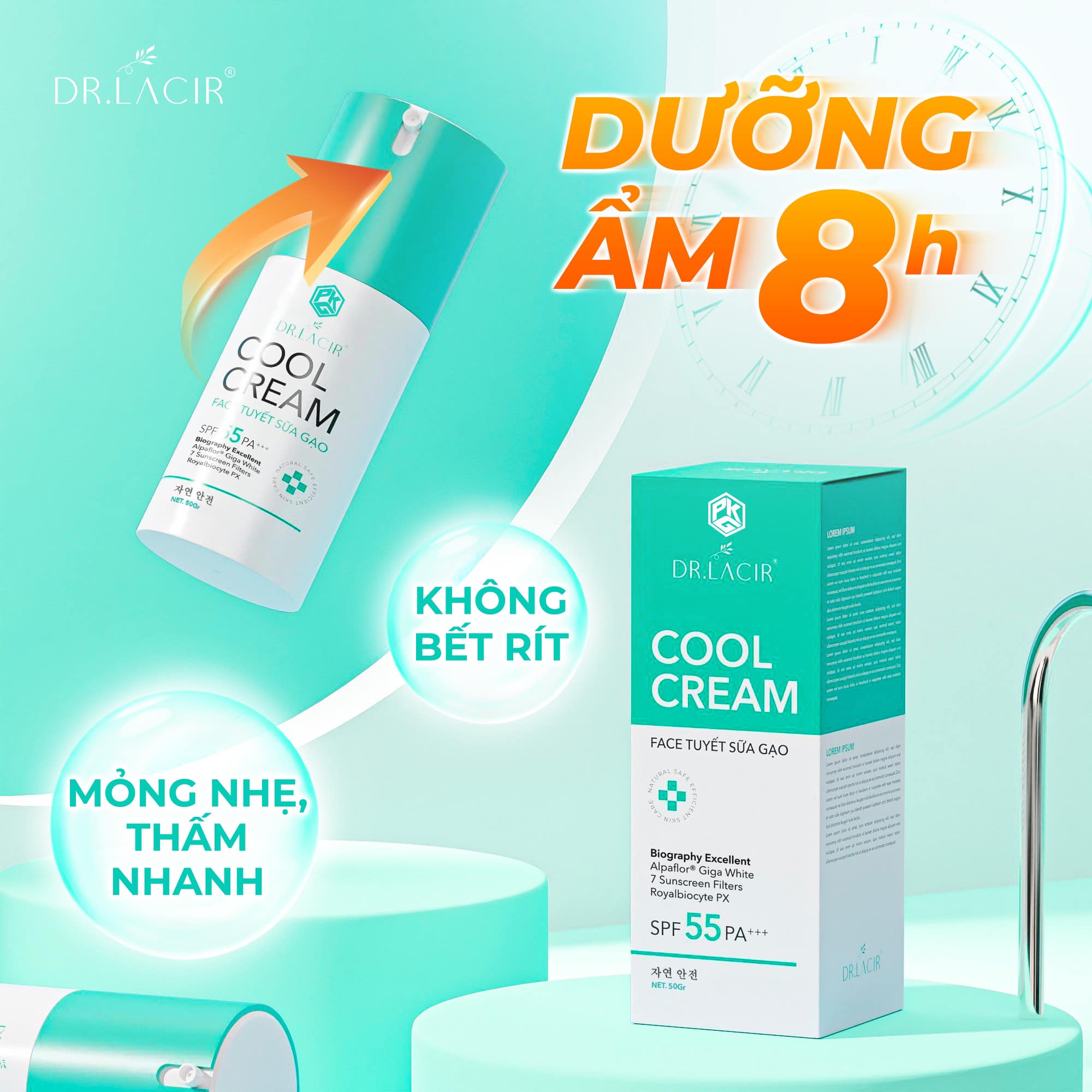 Kem Chống Nắng 7 Màng Lọc Face Tuyết Sữa Gạo Dr Lacir Cool Cream 50gr - Chống Tia UV DrLacir SPF 55 PA+++