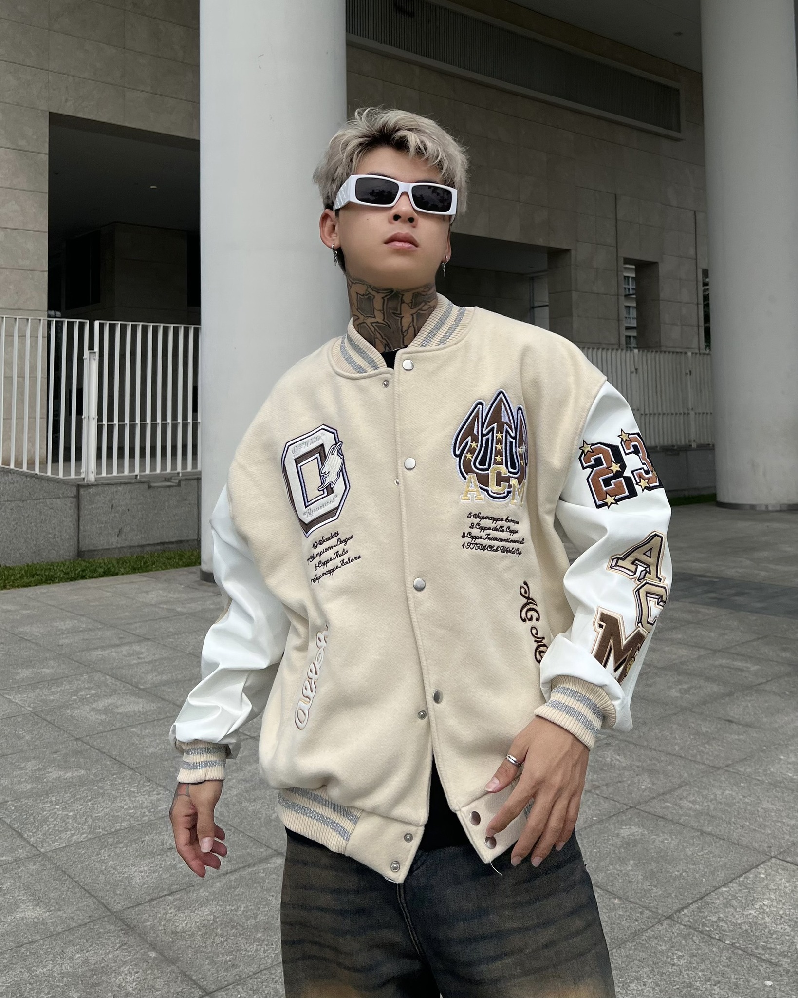 Áo khoác Bomber tay da OW x AC Milan, varsity jacket O.f.f White Ac Milan nam nữ chất dạ 2 lớp , áo bóng chày local brand unisex - Gin Store