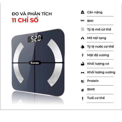 Cân Sức Khỏe Thông minh Rapido RSB02/RSB04-S/RSF02 - Màn Hình LCD Lớn - Kết Nối Bluetooth - Hàng chính hãng MINIIN