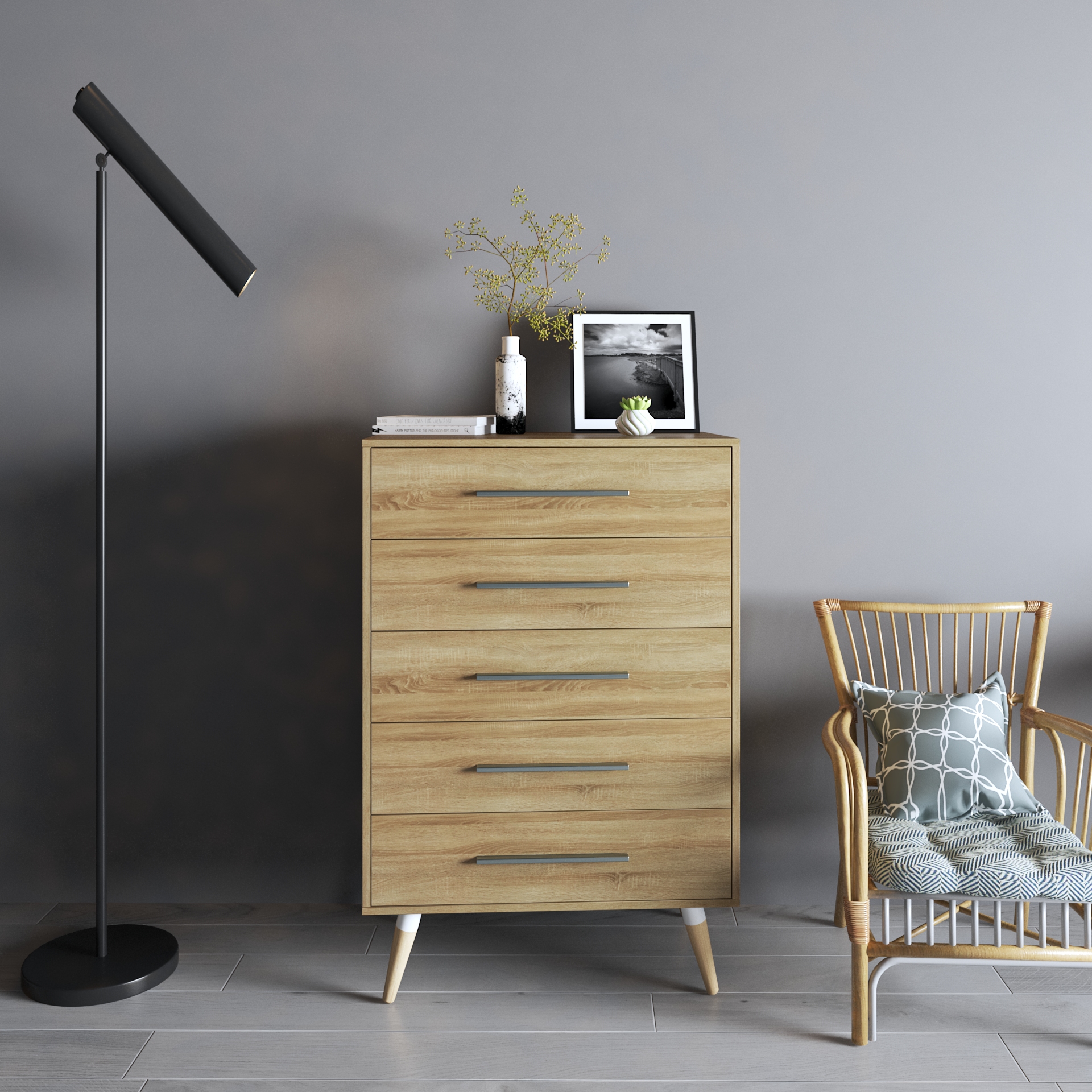 OSRI, Tủ đụng đồ 5 ngăn - chân gỗ chéo , 80cm x 50cm x 120cm , THK_023
