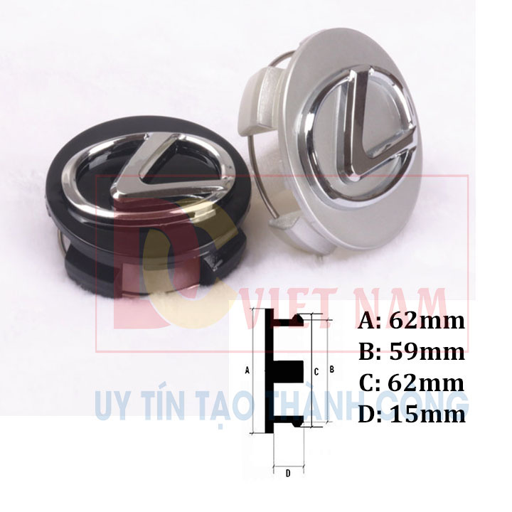 Logo chụp mâm, lazang bánh xe Lexus đường kính 62mm LS62: Mầu Đen và Bạc