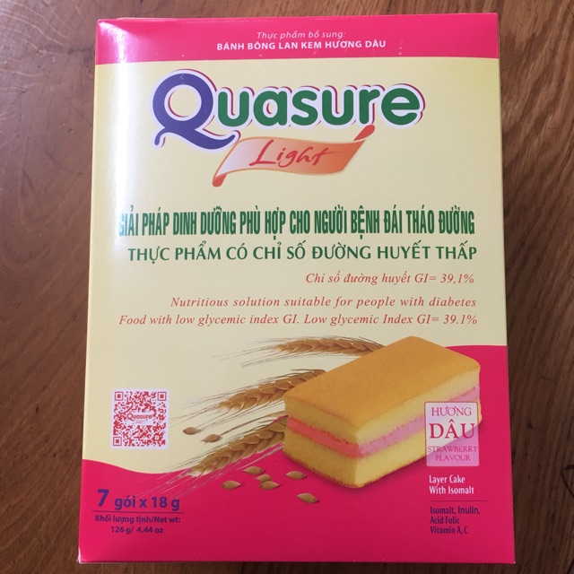 Bánh Bông Lan Bibica Quasure Light Hương Dâu Hộp 126 gram ,Sản Phẩm Dinh Dưỡng Dành Cho Người Tiểu Đường