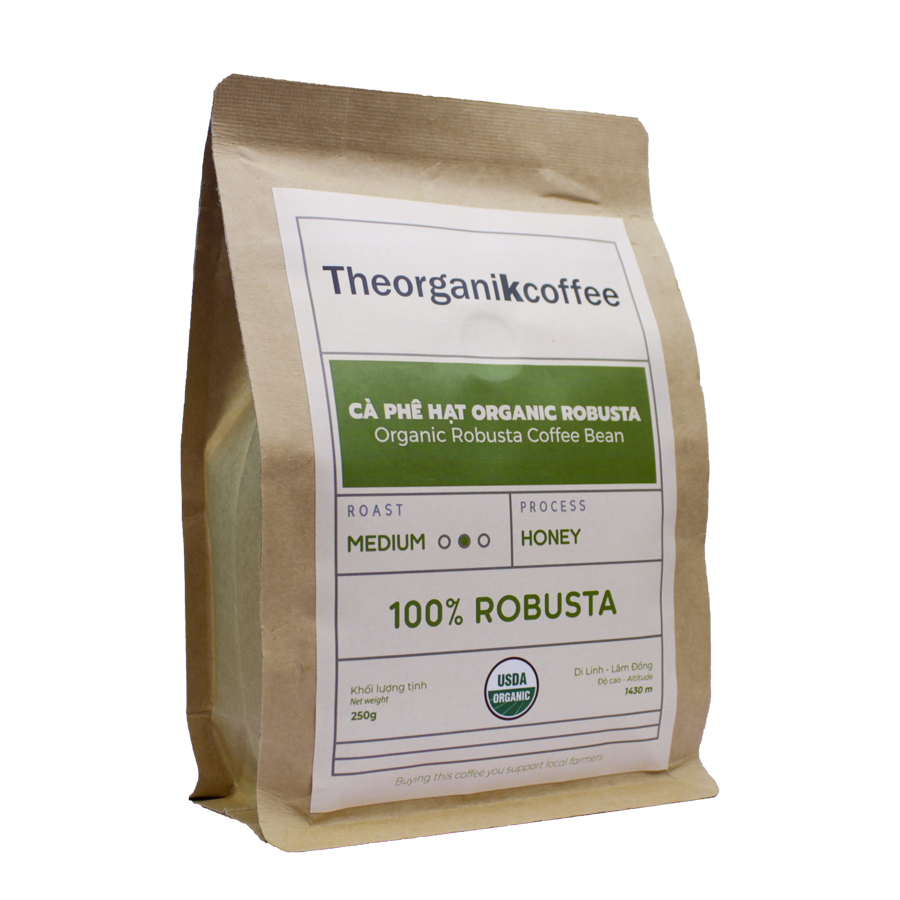 Cà phê Robusta hữu cơ rang mộc - dạng hạt 250g