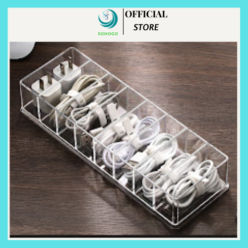 Hộp Nhựa Trong Suốt Đựng Cáp Sạc &amp; Phụ Kiện - Hộp Chia Ngăn Đa Năng Lưu Trữ Dây Sạc- Hộp Đựng Dây Cáp Mini Có Nắp Đậy- Hộp Nhựa Trong Suốt Đựng Đồ Công Nghệ- Hộp Lưu Trữ Dây Điện, Củ Sạc, Văn Phòng Phẩm