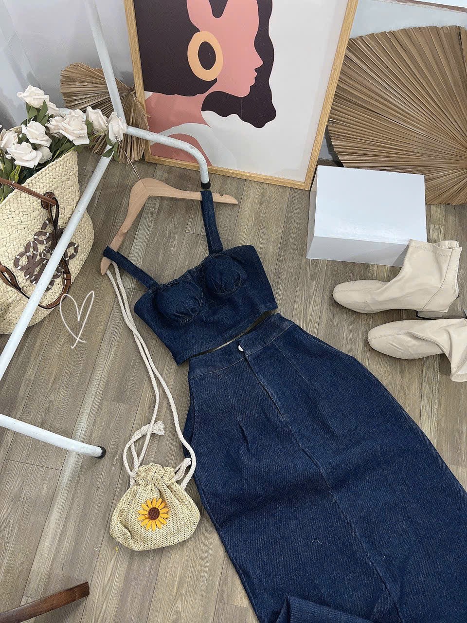 Set áo jean 2 dây croptop kèm cv dài ulzzang