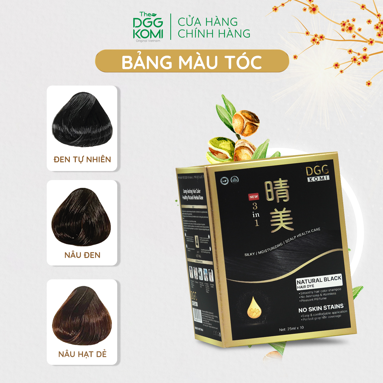 Combo 3 gói dầu gội nhuộm tóc thảo dược DGG KOMI Việt Nam lên màu chuẩn salon chiết xuất thiên nhiên dung tích 25ml/1gói