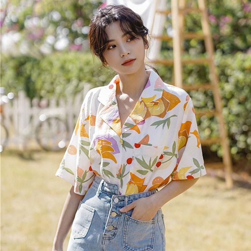 Áo Sơ Mi Chiffon Tay Ngắn In Họa Tiết Kiểu Hàn Quốc Thời Trang Mùa Hè Cho Nữ