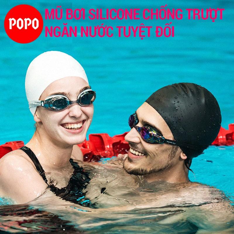 Mũ bơi silicone  POPO nón bơi người lớn cho nam nữ, cho bé, trẻ em trên 6 tuổi chất liệu an toàn