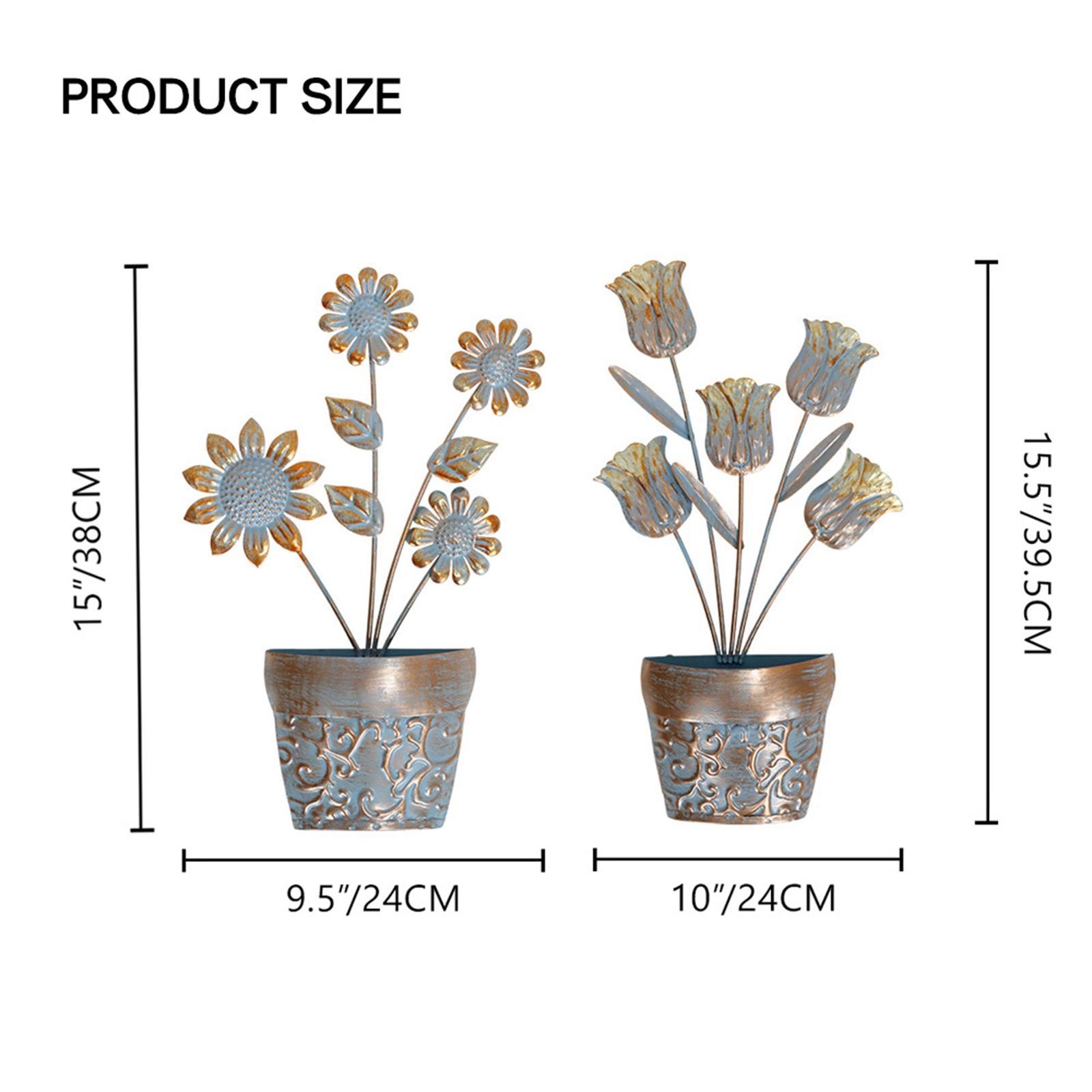 2Pcs Flower Pot Sculptures Yard Backyard Lawn Flower Metal Wall Art Decors