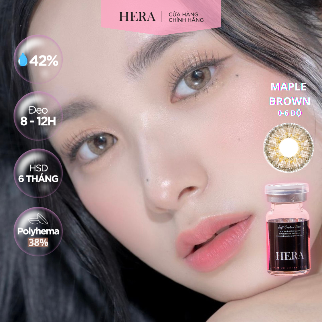 Kính Áp Tròng Hera Nâu Lá Phong 0 - 6 Độ MAPLE BROWN Nhập Khẩu Hàn Quốc Lens Cận 6 Tháng