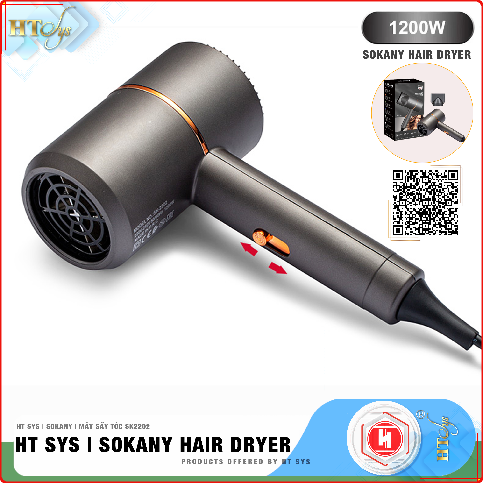 Máy sấy tóc ion âm HT SYS - SOKANY2202 - Kiểu dáng sang trọng, tiện lợi, công suất 1200W chuyên dụng tại nhà và hair salon - Máy sấy bổ sung ion dưỡng ẩm làm mềm mượt tóc - [Hàng Nhập Khẩu]