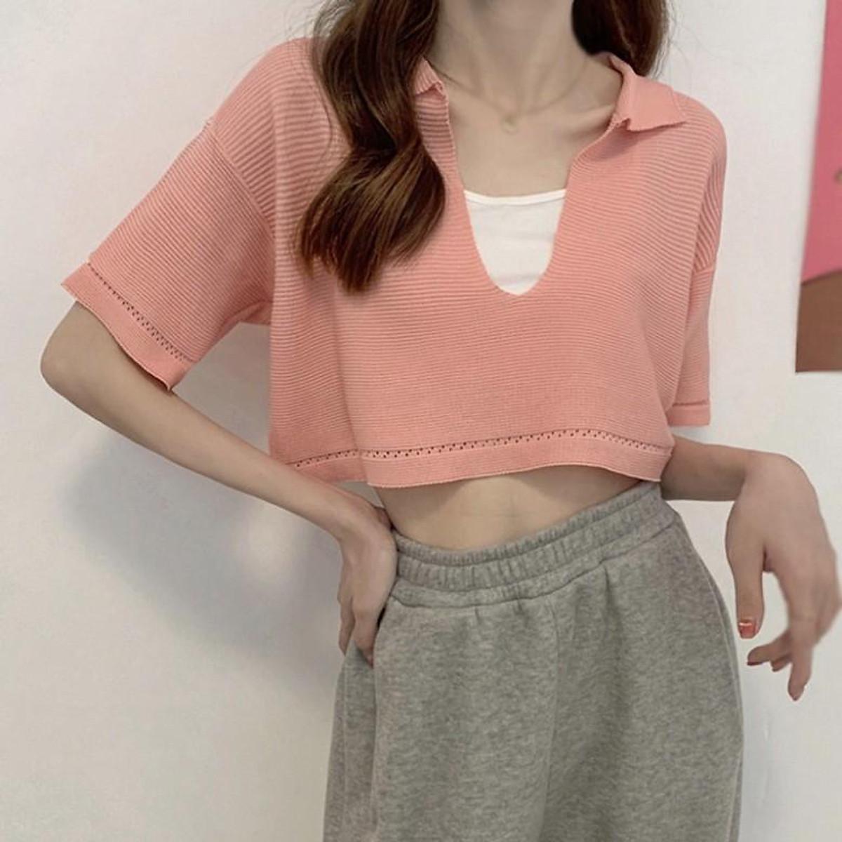 Áo Croptop Dệt Kim Tay Ngắn Thiết Kế Cổ Chữ V Quyến Rũ Xinh Xắn Cho Nữ - Hồng