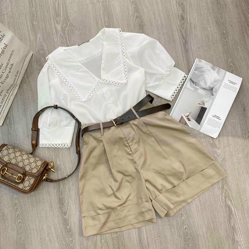 SET SMI TRẮNG VIỀN REN + SHORT NUDE KÈM BELT