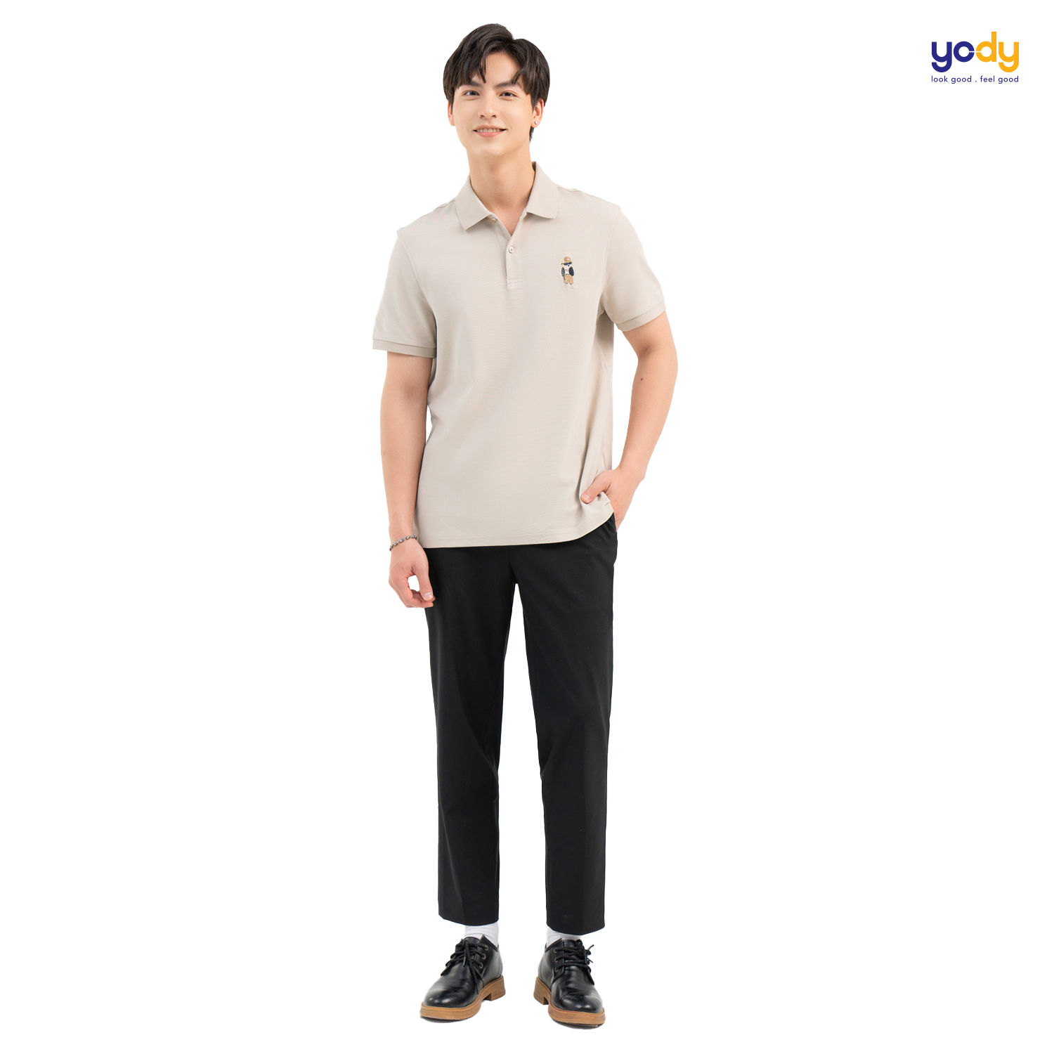 Áo polo nam YODY vải sorona form oversize thêu gấu APM6297