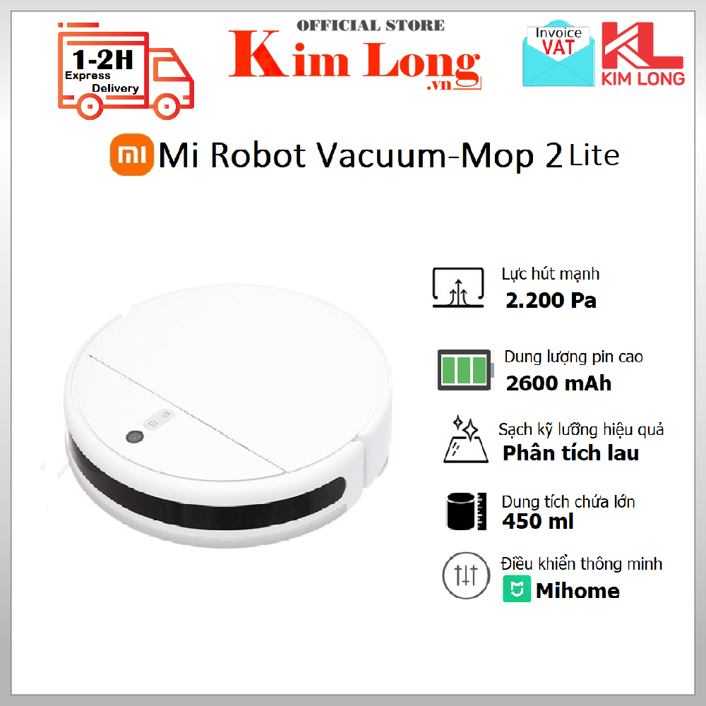 Robot hút bụi Xiaomi Vacuum Mop 2 Lite 25 cảm biến chính xác, Pin 2600mAh, Lực hút mạnh 2.200 Pa, kết nối App, Bản quốc tế - Hàng chính hãng