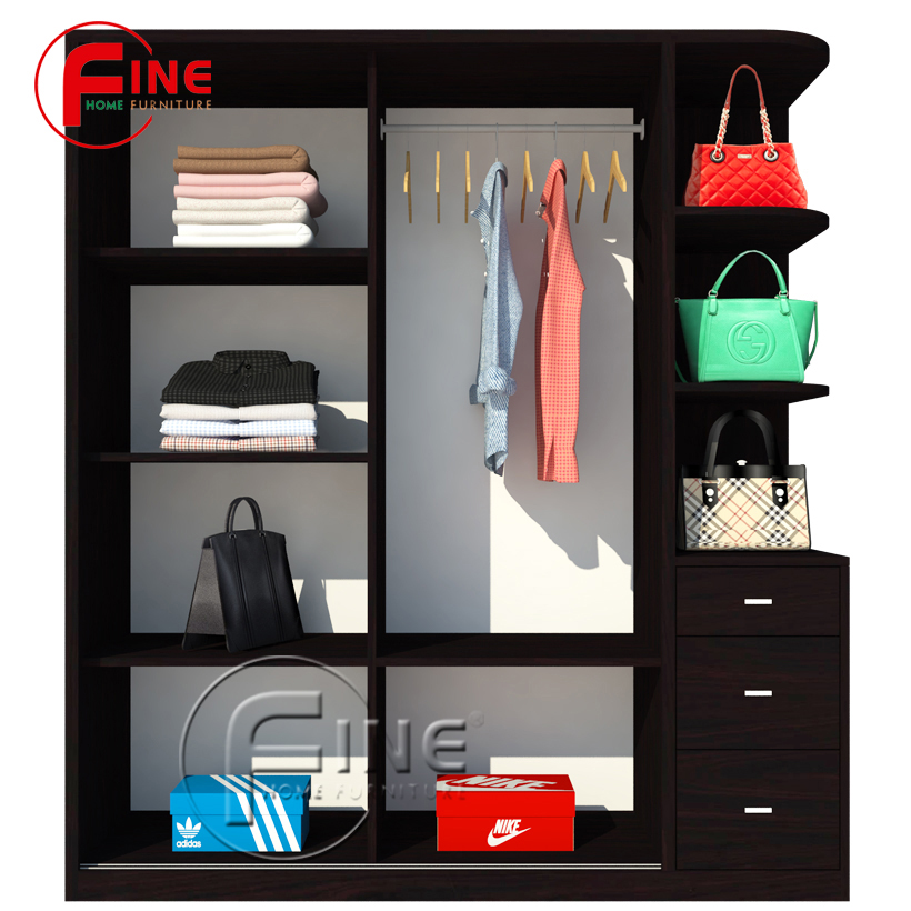 Tủ Quần Áo 2 Cánh Cửa Lùa và 3 hộc kéo và kệ trưng bày hiện đại sang trọng FINE FT198T Kích thước 1m6