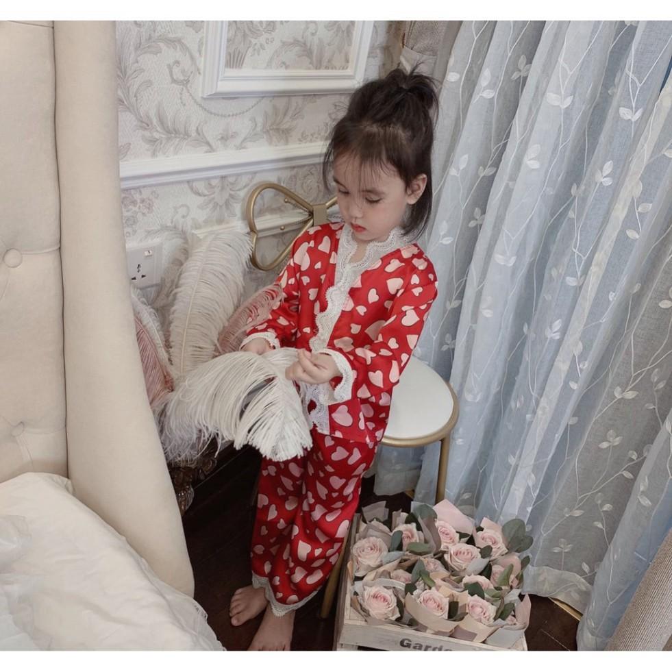 Bộ Ngủ Pijama Lụa Satin Hình Tim Dài Tay Bé Gái - Babi mama