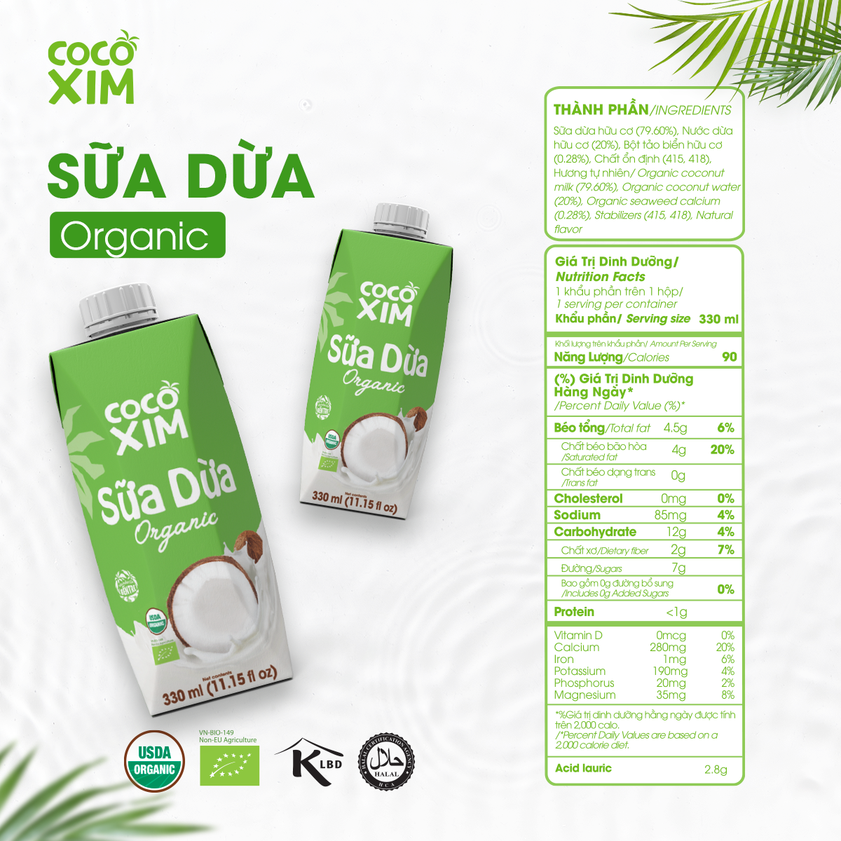 Thùng 12 hộp Sữa Dừa Cocoxim Organic 330ml/ 1 Hộp