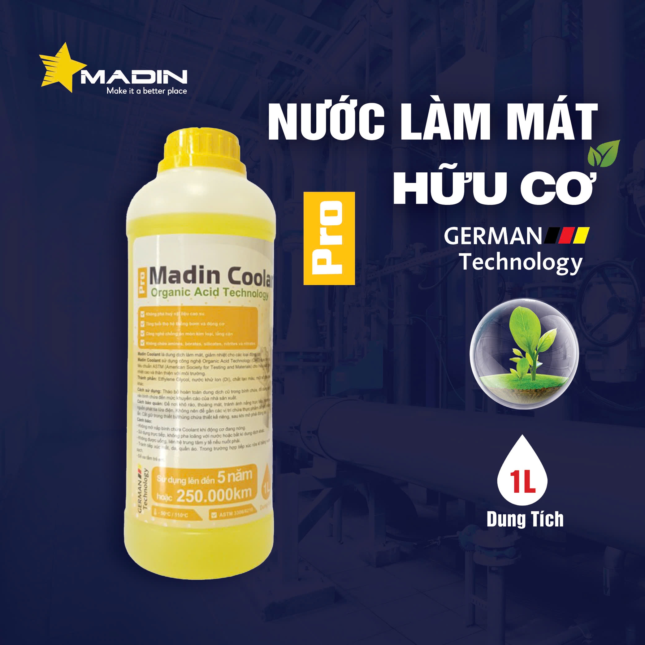 Nước làm mát ô tô, xe máy, Động Cơ Madin Coolant Pro 60% Mono Ethylen Glycol