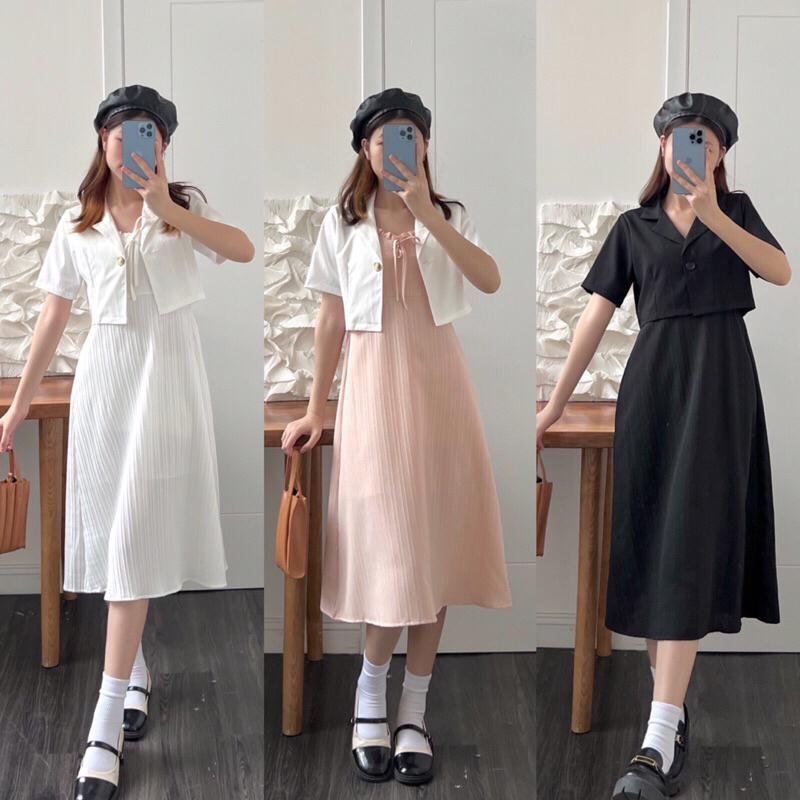 Set váy 2 dây nữ 1 màu nơ ngực, áo sơ mi cổ k lửng b238407