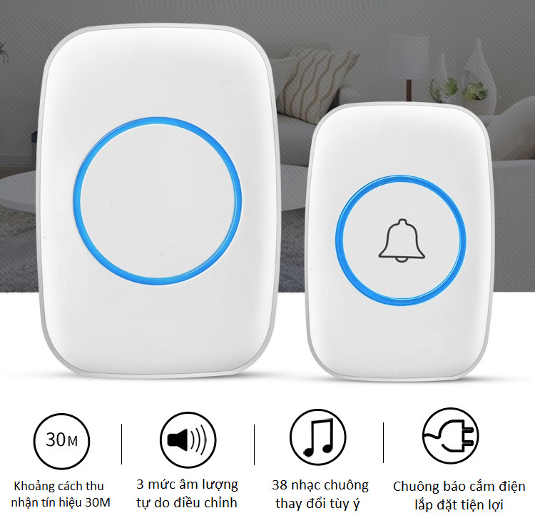 Chuông cửa cao cấp không dây - Tặng kèm 2 móc treo đồ dán tường