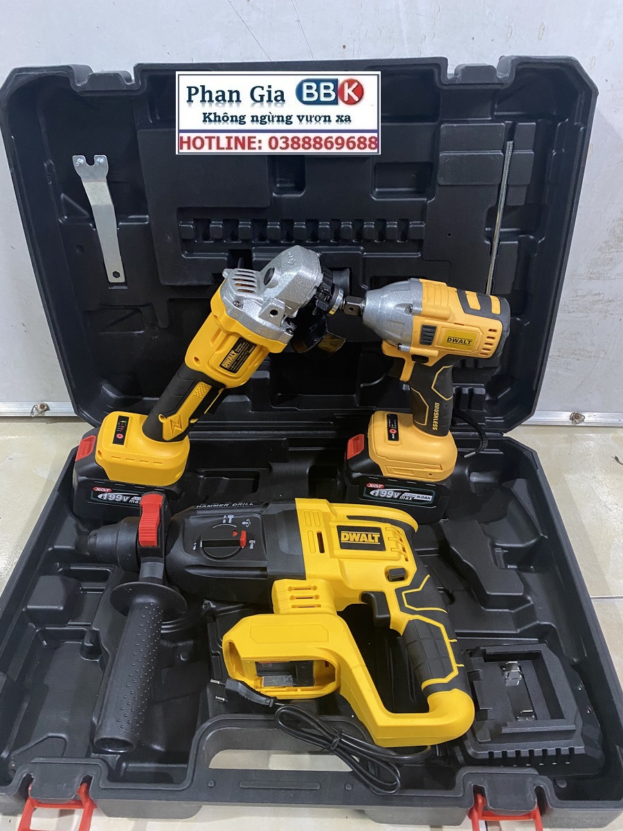 Bộ Combo 3 Trong 1 Gồm Máy Khoan Đục Bê Tông, Máy Mài Và Máy Siết Bulong Dùng Pin 199V, 2 Pin 15 Cell, Động Cơ Không Chổi Than