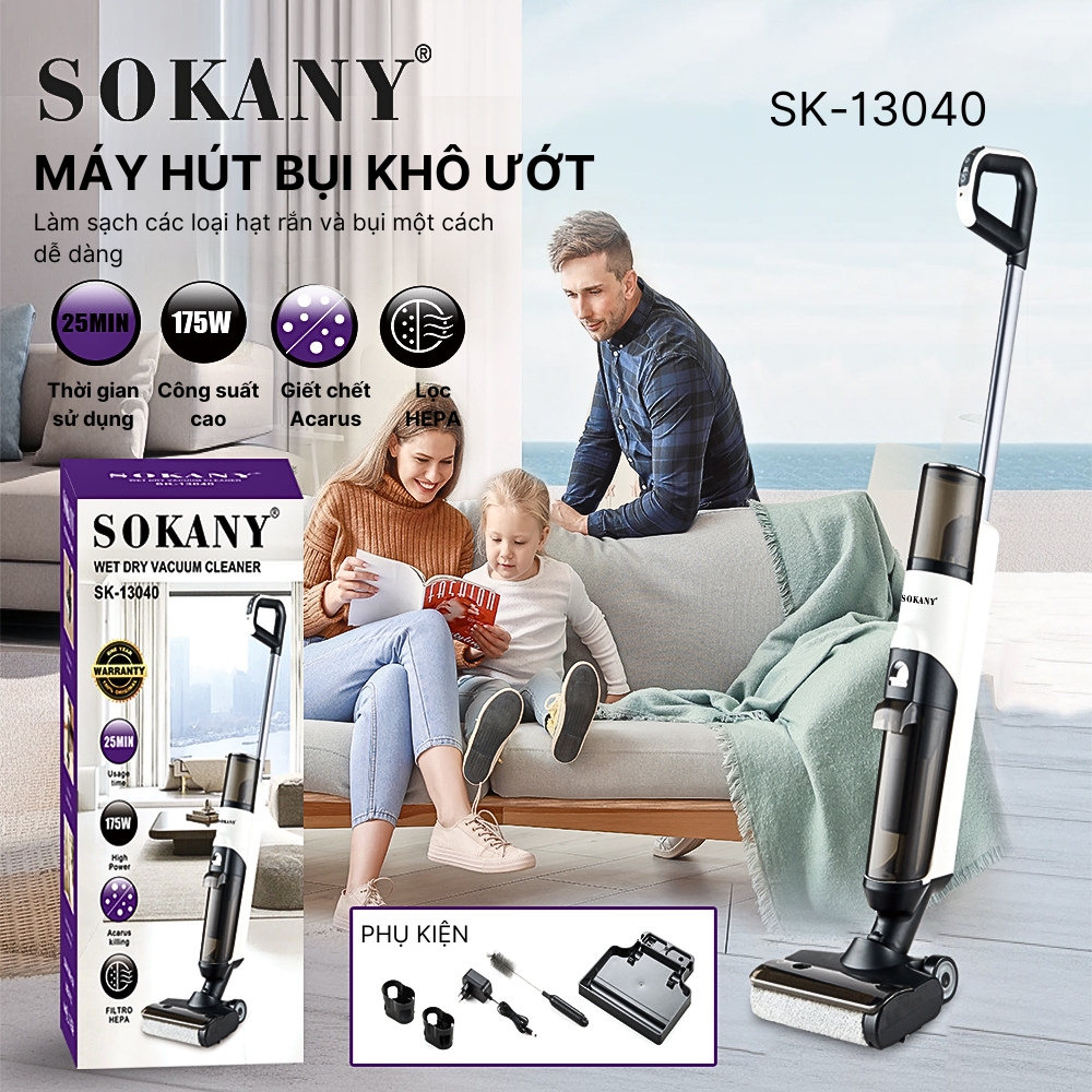 Máy hút bụi lau sàn không dây SOKANY SK-13040 tự động làm sạch, vệ sinh bình chứa nước bẩn và chổi lăn - HÀNG CHÍNH HÃNG -DELIYA