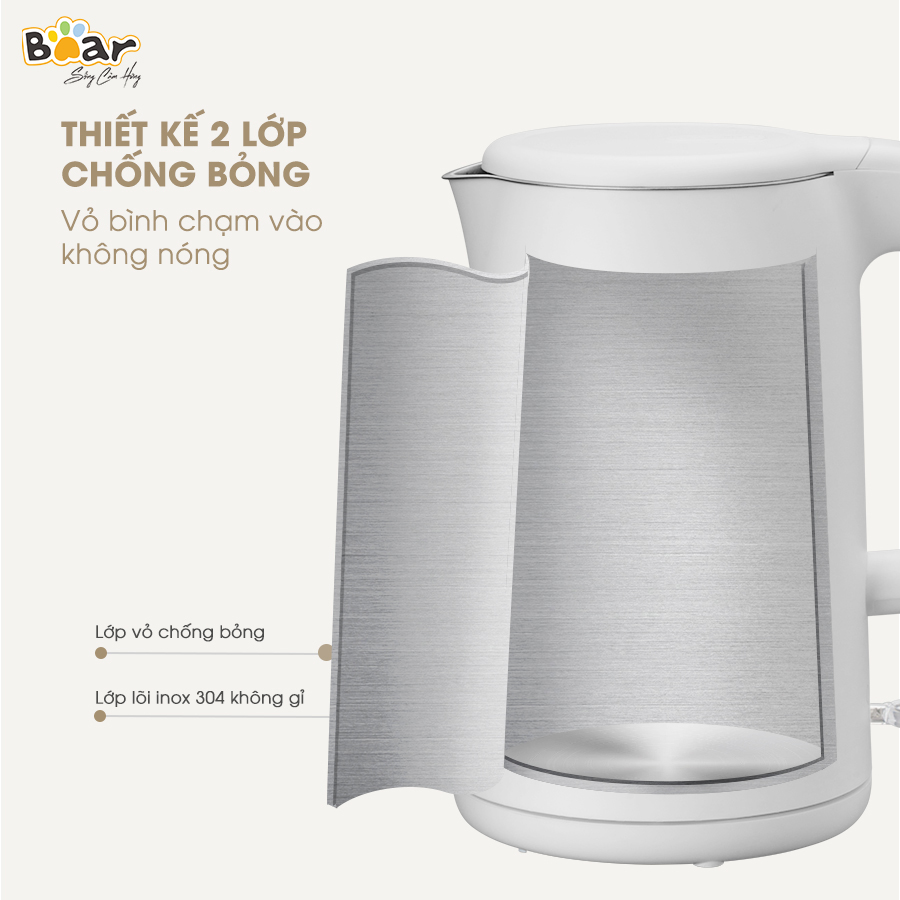 [Hàng Chính Hãng]Bình đun nước siêu tốc Bear ZDH-B15T1 1.5L công suất 1500W, lõi ấm Inox 304 cao cấp, chống cháy cạn, chống cháy khi quá nhiệt, ngắt điện tự động khi sôi, phù hợp sử dụng trong gia đình, văn phòng nhỏ