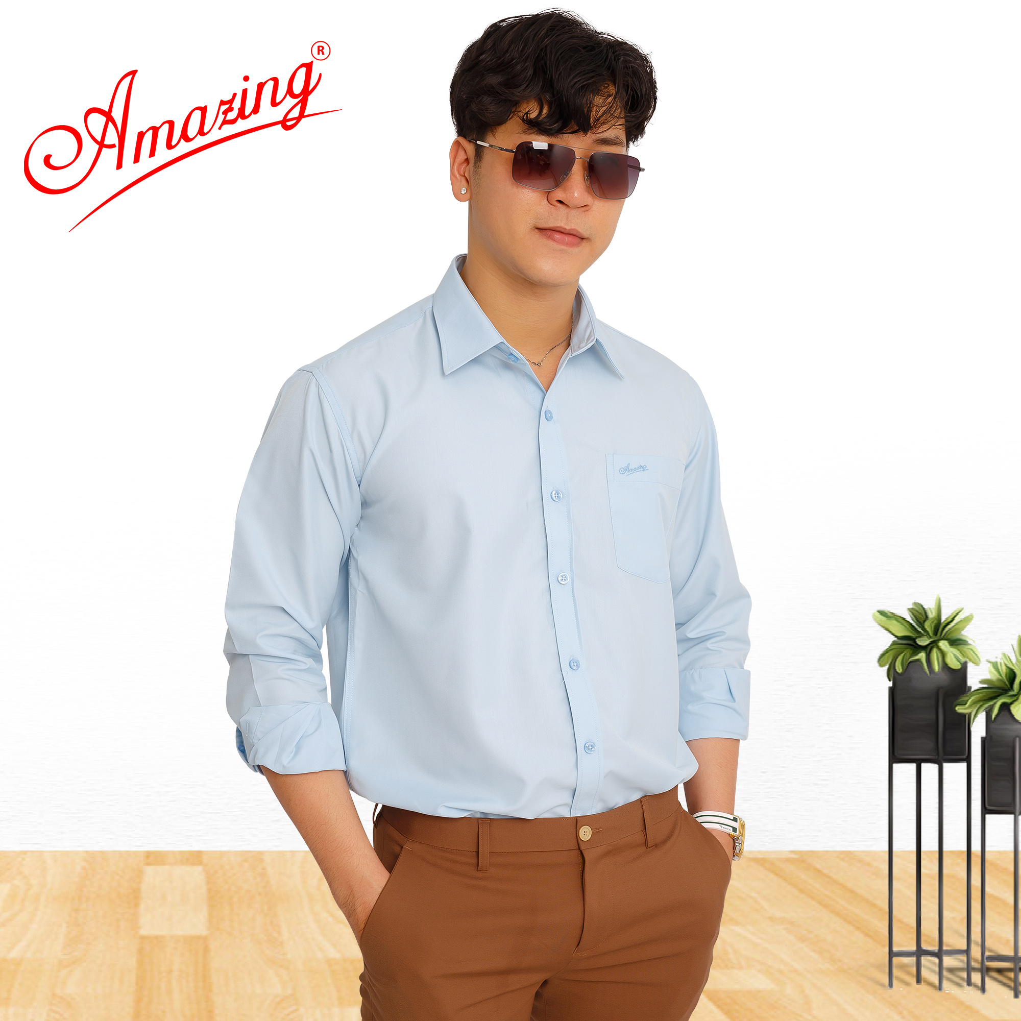 Áo sơ mi nam trơn nhiều màu Amazing, vải Bamboo mềm mịn thấm hút, dáng truyền thống, vạt bầu, tay dài