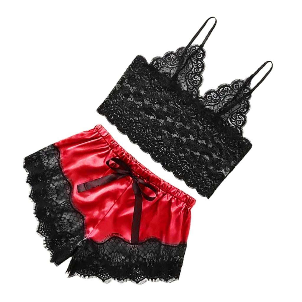 Women Sexy Lace Vest Crop Tops Panty Lingerie Sleepwear Red S