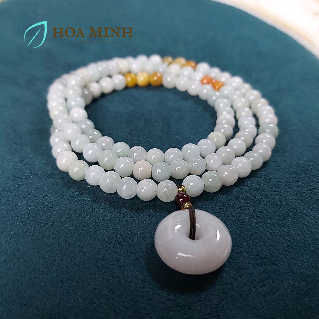 Vòng tay chuỗi 108 hạt Cẩm Thạch bạch ngọc nếp băng size hạt 5.5 li phối điếu cẩm thạch phong thủy tài lộc