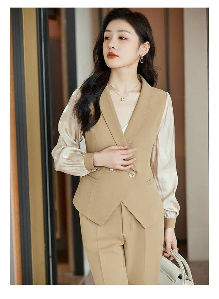 Set Nguyên Bộ Vest Kiểu Phối Nút Tay Voan Cao Cấp