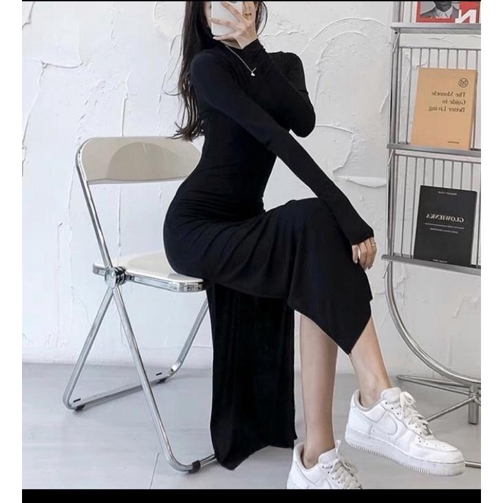 Đầm body sexy xẻ tà cao tay dài xỏ ngón tại Cọp con Store có 2 màu Đen và Be