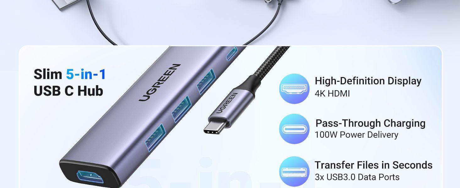 Ugreen UG15596CM511TK USB type C sang 1 x HDMI 4K30Hz + 3 x USB 3.0 + 1 x USB-C PD 100W Bộ chuyển 5in1 - HÀNG CHÍNH HÃNG