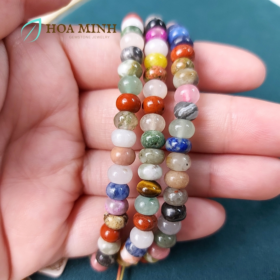 Vòng tay phong thủy kiểu bánh xe hạt 6.4 li ngũ hành đủ loại đá Lapis Lazuli thanh kim, Chalcedony, Thạch anh, Ngọc jasper không kén mệnh