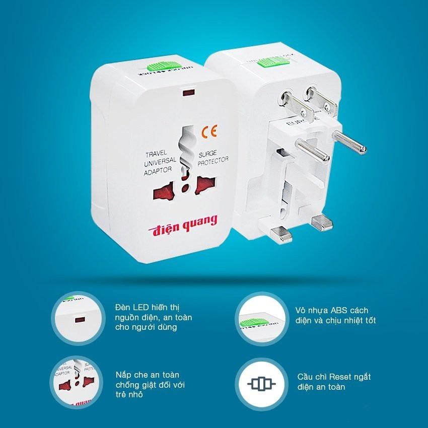 Ổ cắm du lịch Điện Quang ĐQ ESK TV01 - Lỗ cắm chuẩn quốc tế, thích hợp mọi chân cắm. Nhỏ gọn, dễ mang theo. BH 12 tháng